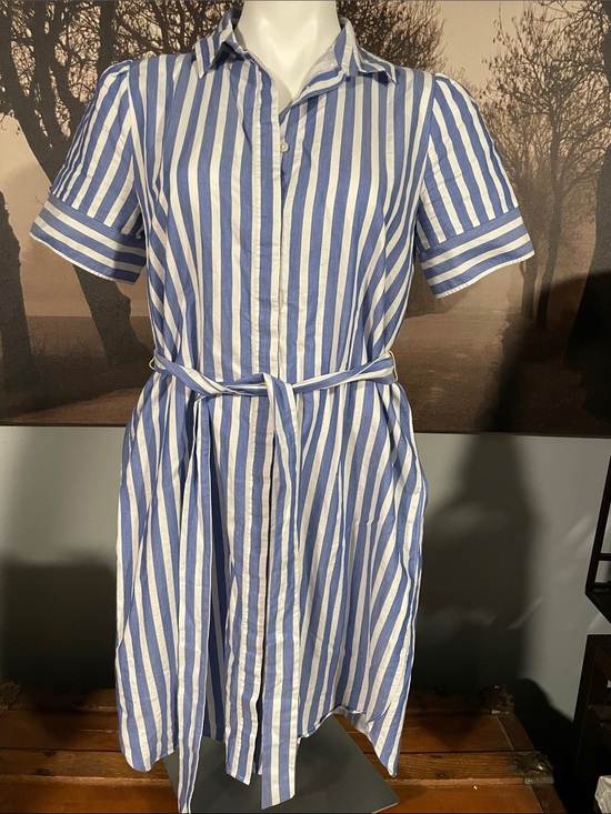LOFT Dresses & Skirts - Loft Blue and White Striped Shirt Dress with Tie Belt - M